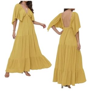 Womens Large Elegant Yellow Ruffle Tiered Long Maxi Dress Deep V-neck Backless